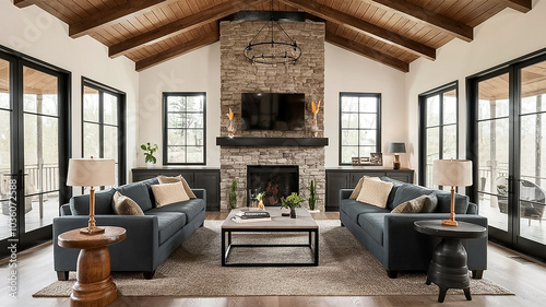 Farm house luxury style living room with a fireplace and a sconce hanging from the ceiling. Generative AI.