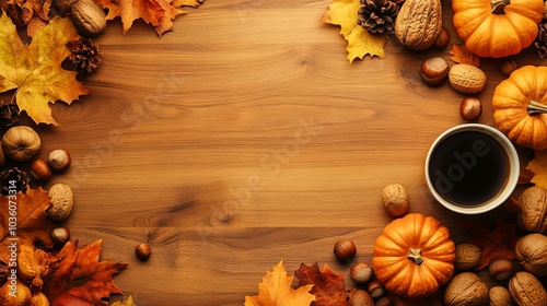 A festive autumn display featuring pumpkins, a hot beverage, nuts, and acorns on a wooden surface, all viewed from above.