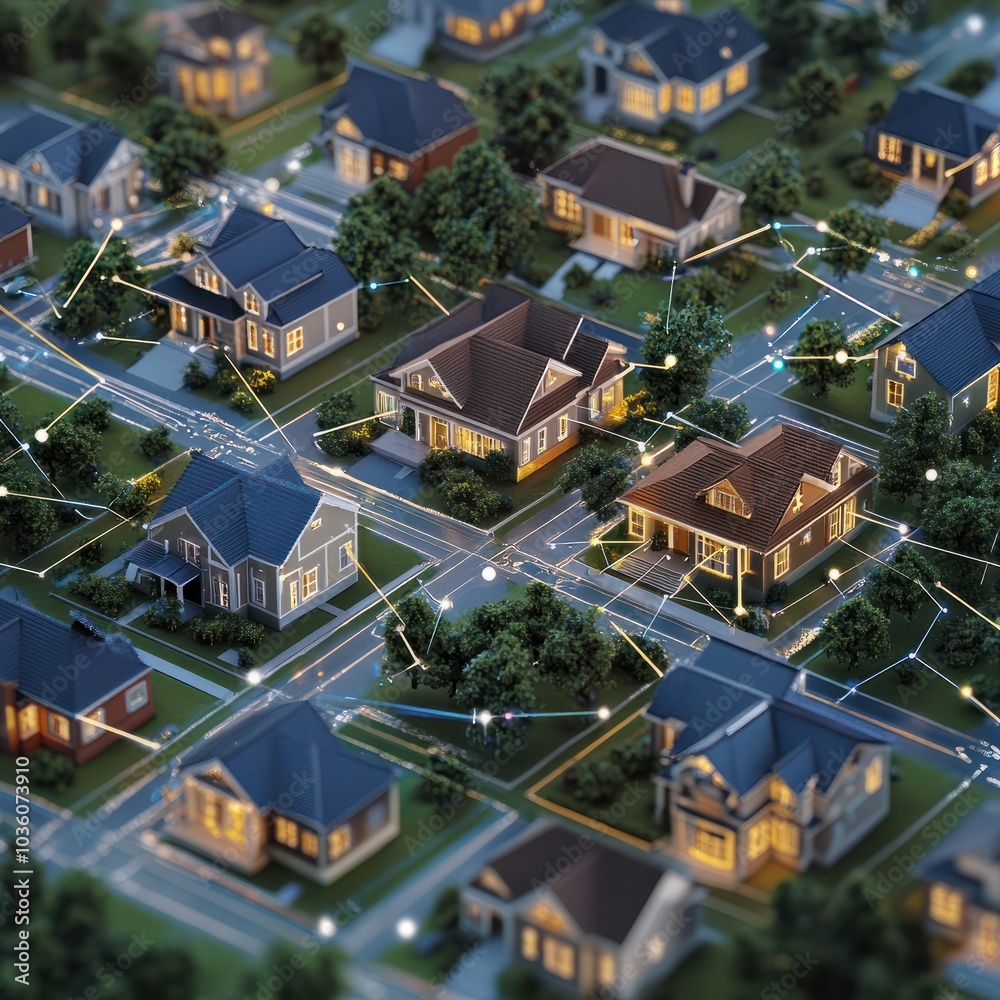 Digital community, smart homes and digital community. DX, Iot, digital network in advanced society concept. suburban houses in digital environment. Hand edited AI. Digital community, smart homes and digital community. DX, Iot, digital network in advanced society concept. suburban houses in digital environment. Hand edited AI.