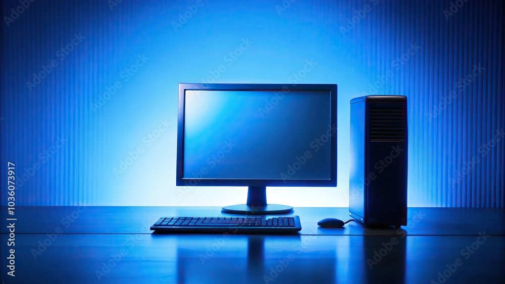 silhouette of a desktop computer monitor in blue light background silhouette of a desktop computer monitor in blue light background