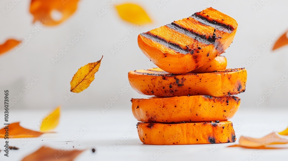 Grilled pumpkin slices neatly stacked on a clean white surface, with floating silver rings and soft, abstract leaf patterns in the background Grilled pumpkin slices neatly stacked on a clean white surface, with floating silver rings and soft, abstract leaf patterns in the background