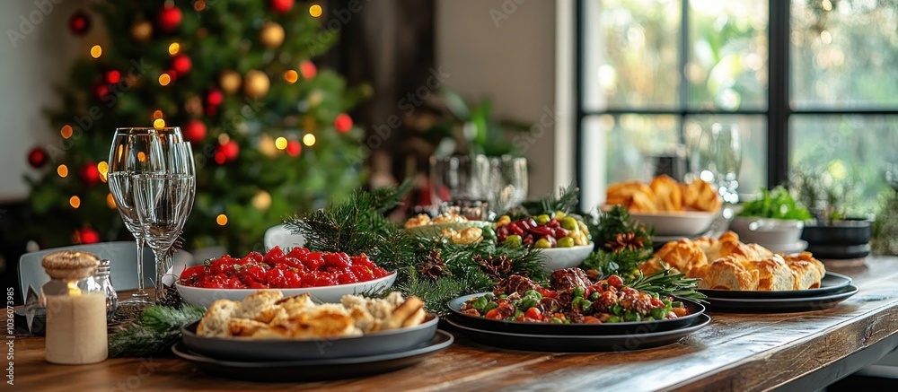 Christmas dinner table setting with a variety of dishes, including roasted vegetables, bread, and salad, with a decorated Christmas tree in the background. Christmas dinner table setting with a variety of dishes, including roasted vegetables, bread, and salad, with a decorated Christmas tree in the background.