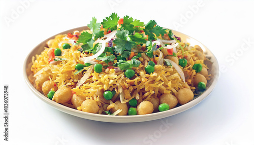 A tantalizing burst of flavors! This vibrant Bhel Puri, adorned with fresh coriander and sev, is a delicious Indian street food experience. Savory, spicy, and utterly irresistible! photo