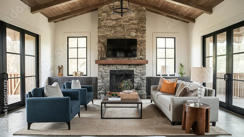 Farm house luxury style living room with a fireplace and a sconce hanging from the ceiling. Generative AI.