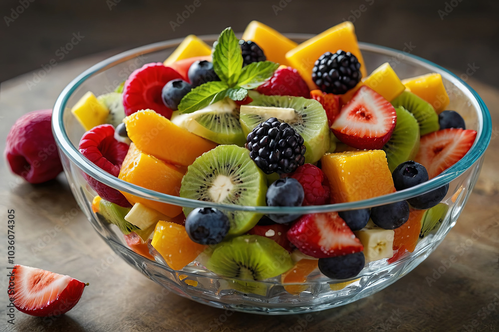 a colourful fruit salad arranged in a glass bowl.
a colourful fruit salad arranged in a glass bowl.
