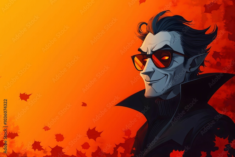Stylish Vampire with Sunglasses on Orange Autumn Background, Perfect for Halloween Announcement, copy space Stylish Vampire with Sunglasses on Orange Autumn Background, Perfect for Halloween Announcement, copy space