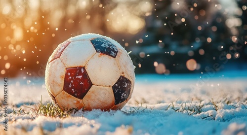 A soccer ball rests on a snow-covered field under the warm glow of a setting sun.