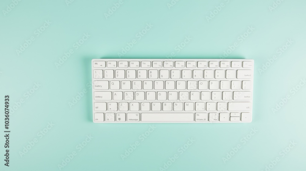 A close-up view of a sleek white computer keyboard on a turquoise surface highlighting its simple, elegant design A close-up view of a sleek white computer keyboard on a turquoise surface highlighting its simple, elegant design
