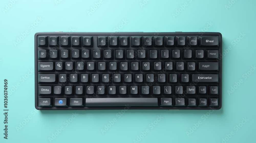 A close-up view of a sleek black computer keyboard on a turquoise surface highlighting its simple, elegant design A close-up view of a sleek black computer keyboard on a turquoise surface highlighting its simple, elegant design
