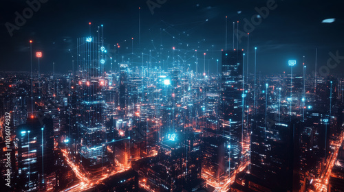 A futuristic city at night, glowing with lights and connections. It represents the Internet of Things (IoT), smart technology, and super-fast networks.