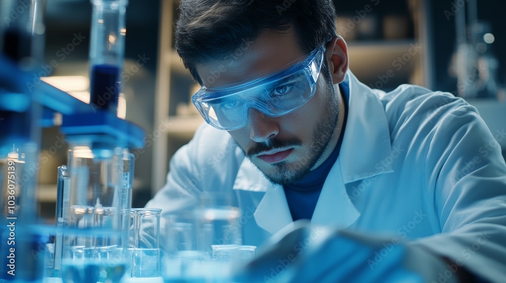 A detailed shot of a chemical engineer wearing a lab coat and safety goggles, analyzing samples in a laboratory with chemical apparatus, Chemical research lab scene A detailed shot of a chemical engineer wearing a lab coat and safety goggles, analyzing samples in a laboratory with chemical apparatus, Chemical research lab scene