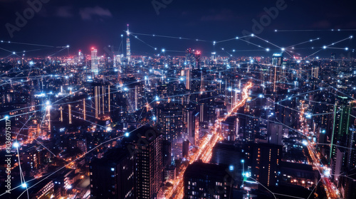 A futuristic city at night, glowing with lights and connections. It represents the Internet of Things (IoT), smart technology, and super-fast networks.