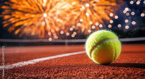Tennis ball on clay court with vibrant fireworks illuminating the summer night sky.
