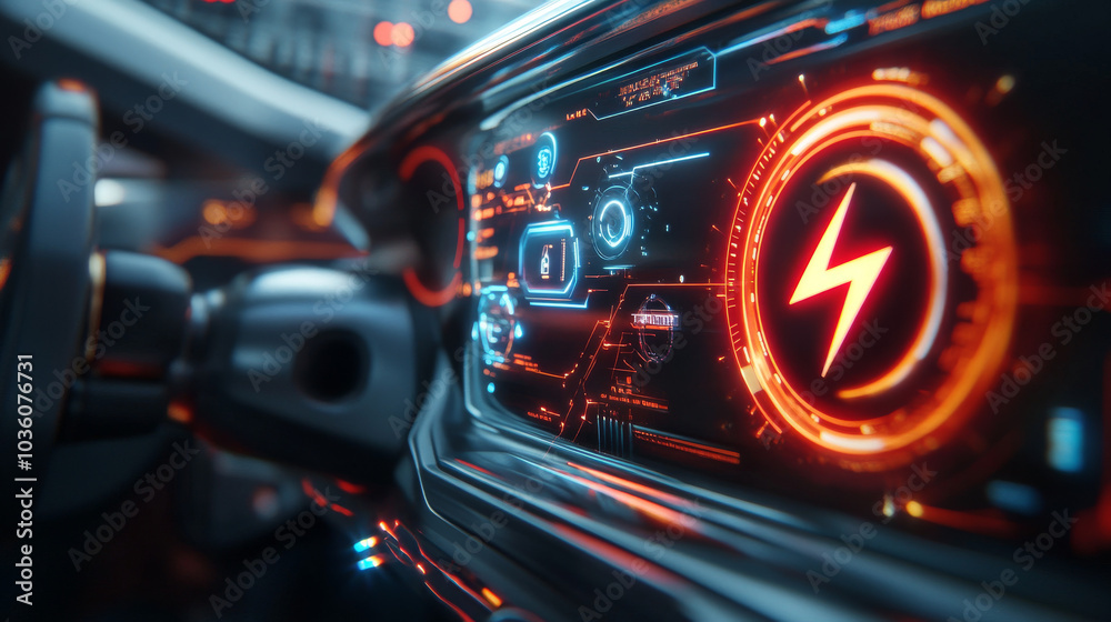 A futuristic, holographic dashboard shows the battery charging status of an electric vehicle. The design features a lightning bolt and a circular progress bar, representing the charging process. A futuristic, holographic dashboard shows the battery charging status of an electric vehicle. The design features a lightning bolt and a circular progress bar, representing the charging process.