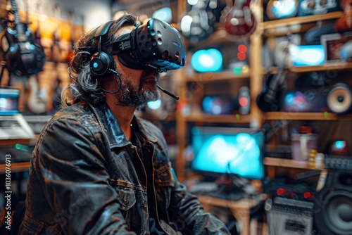 A man wearing virtual reality goggles immerses himself in an interactive experience in a music studio. The environment is packed with various instruments and audio equipment