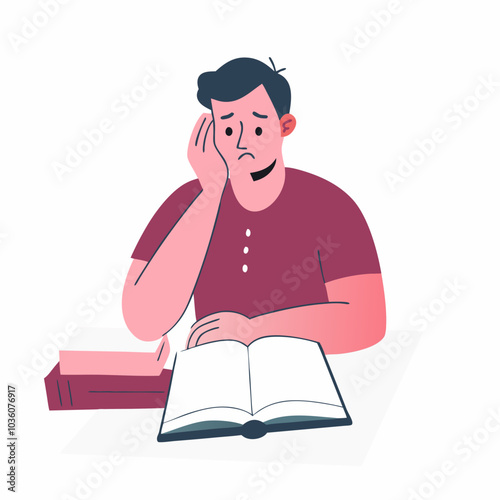 Tired exhausted man studying at desk. Fatigue frustrated student reading book. Bored embarrassed puzzled person thinking, preparing for exam. Flat vector illustration isolated on white background
