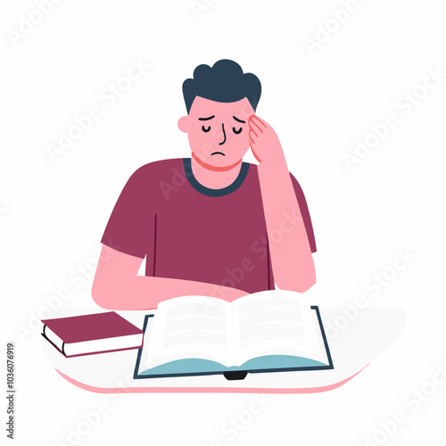 Tired exhausted man studying at desk. Fatigue frustrated student reading book. Bored embarrassed puzzled person thinking, preparing for exam. Flat vector illustration isolated on white background
