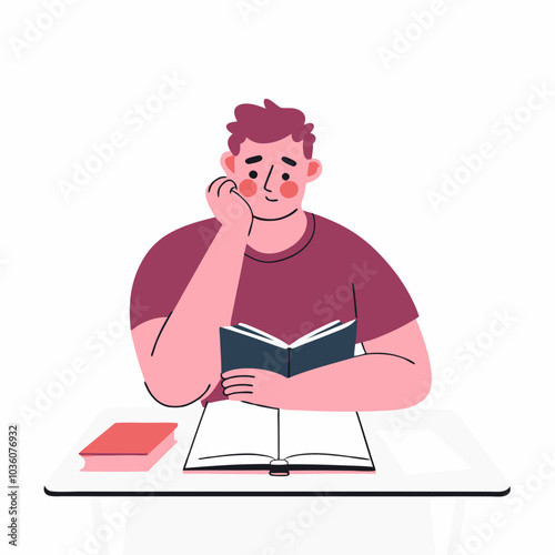 Tired exhausted man studying at desk. Fatigue frustrated student reading book. Bored embarrassed puzzled person thinking, preparing for exam. Flat vector illustration isolated on white background
