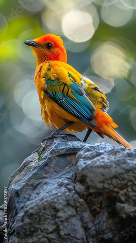 Orange colorful bird Cotinga on the rock AI generated Image photo