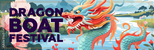 Chinese Dragon Boat racing Festival drawing horizontal banner. China Duanwu holiday traditional fest lunar serpent on wavy river backdrop artwork. Asian boating flyer. Translation Dragon Boat Festival