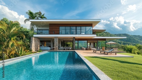 Modern tropical villa with infinity pool overlooking lush green landscape.