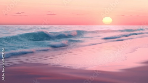 Nature sea landscape background, beautiful serene beach with waves at sunrise, soft pastel colors