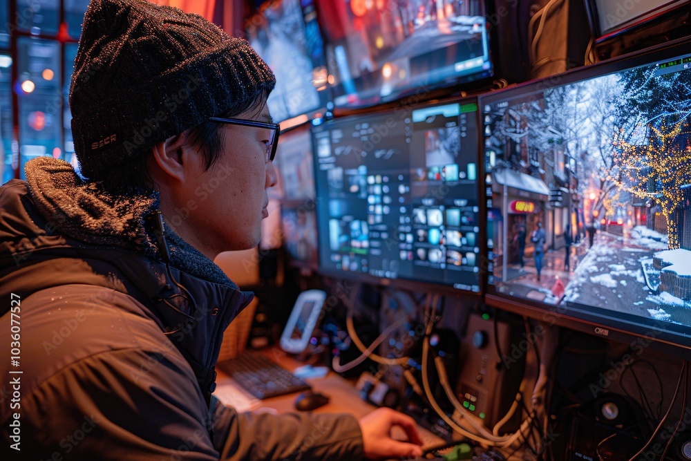 A technician, wearing a winter hat and jacket, is focused on several computer screens displaying snowy city streets and festive lights. The atmosphere is cozy and tech-driven A technician, wearing a winter hat and jacket, is focused on several computer screens displaying snowy city streets and festive lights. The atmosphere is cozy and tech-driven