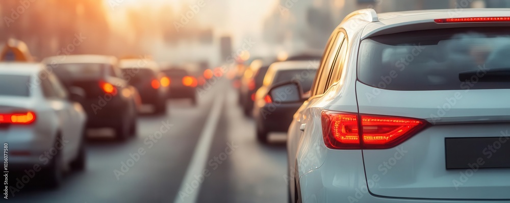 Car emitting exhaust in a traffic jam under a smog-filled sky, symbolizing the environmental impact of urban transportation Car emitting exhaust in a traffic jam under a smog-filled sky, symbolizing the environmental impact of urban transportation