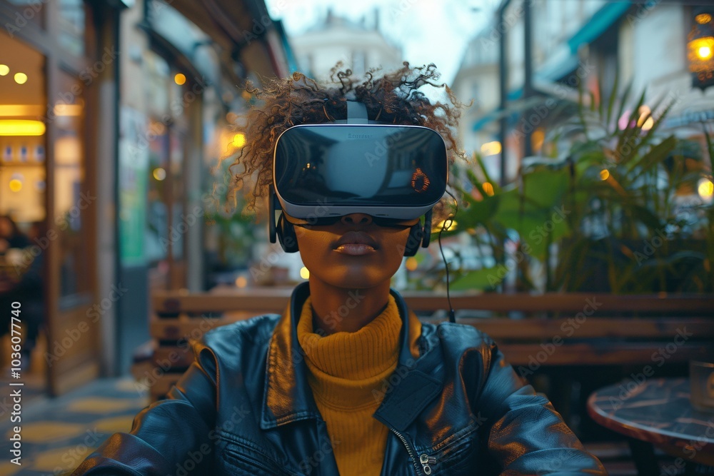 A young woman wearing virtual reality goggles sits at a cafe, fully immersed in her experience. The environment is lively, filled with warm lights and greenery around her A young woman wearing virtual reality goggles sits at a cafe, fully immersed in her experience. The environment is lively, filled with warm lights and greenery around her