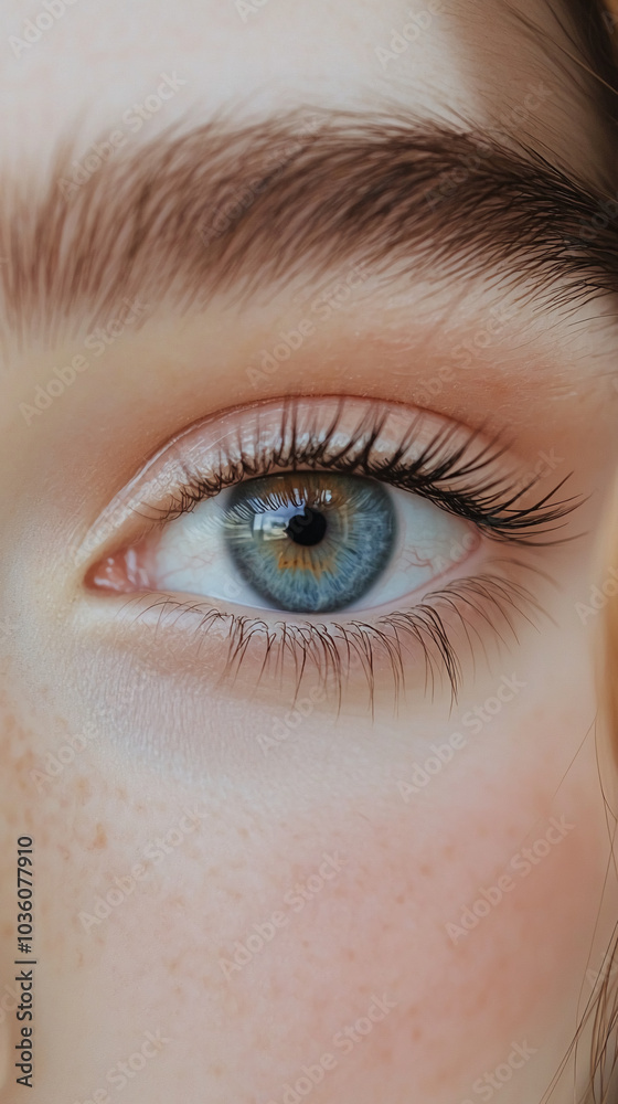 Fototapeta premium A person's blue eye with long lashes, looking directly at the camera.