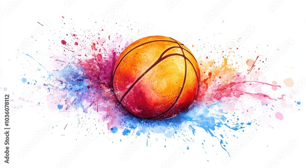 Vibrant watercolor basketball surrounded by dynamic splashes of color. Vibrant watercolor basketball surrounded by dynamic splashes of color.