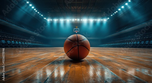 A basketball sits on a hardwood court under dramatic arena lights, ready for the game to begin.