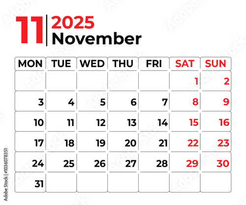 november 2025 Monthly Calendar design with clean look and week starts from monday