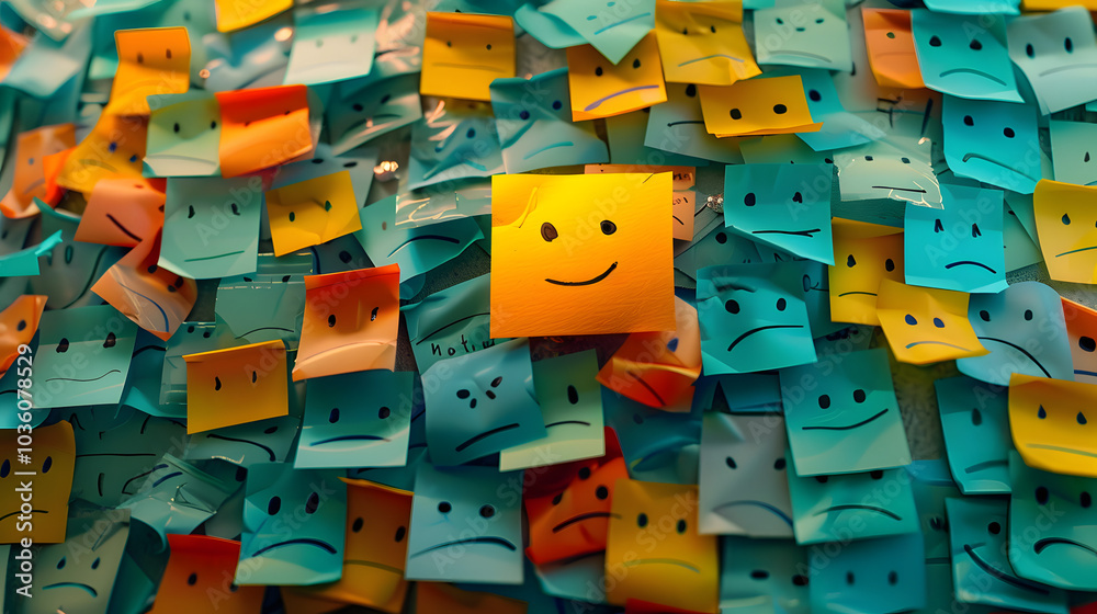 Obraz premium Sticky Notes with smileys on it, the yellow one smile in the center the other ones are sad. concept for emotion and personal feelings