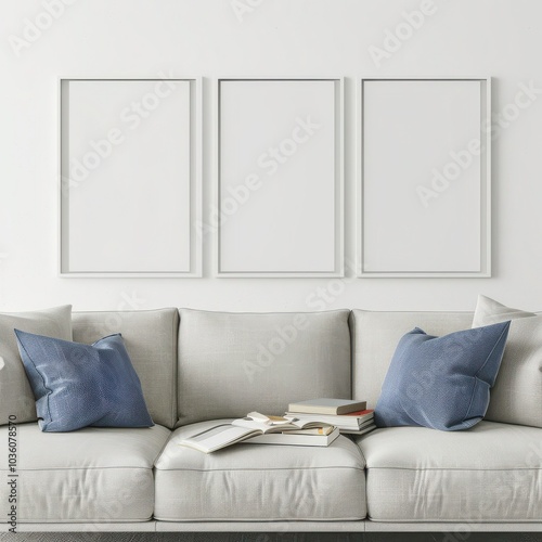 Three blank picture frames on a white wall above a modern couch. Add your own artwork, photos, or designs to the empty space for a personalized touch photo