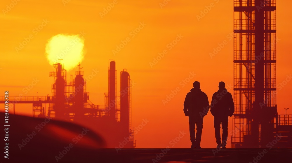 Naklejka premium Silhouette of two engineers in front of oil refinery plant