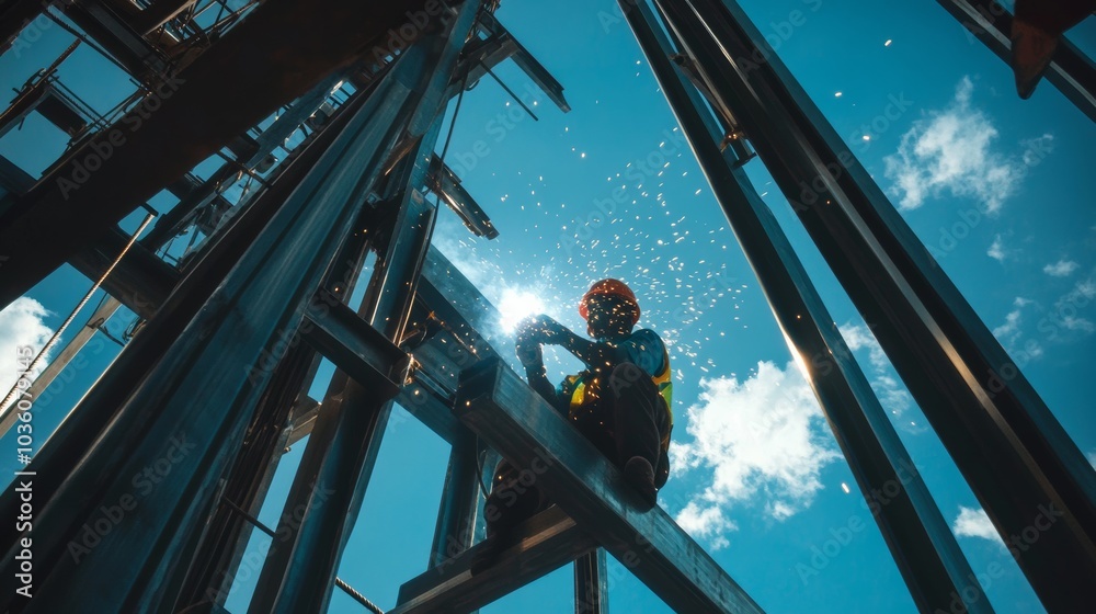 A detailed shot of a construction worker welding steel beams on a high-rise building under construction, Steel construction scene, Technical expertise style A detailed shot of a construction worker welding steel beams on a high-rise building under construction, Steel construction scene, Technical expertise style