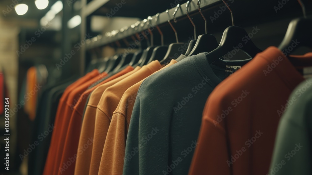 Fototapeta premium Sweatshirts and hoodies hanging on hangers in the store. Street fashion, unisex and youth wears.