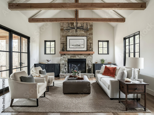Beautiful living room interior with hardwood floors and fireplace in new luxury home Large bank of windows hints at exterior view