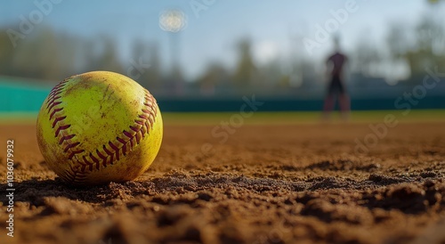 A close-up of a softball on the infield dirt, with an outfielder blurred in the distance on a sunny day.