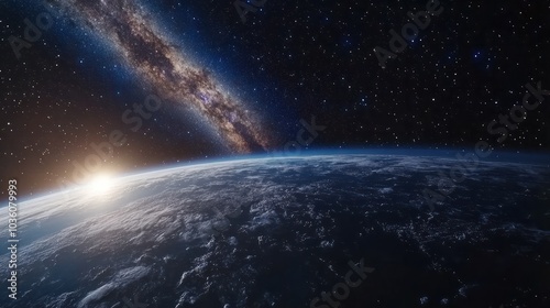 Stunning view of Earth from space with the Milky Way galaxy in the background, stars scattered across the sky