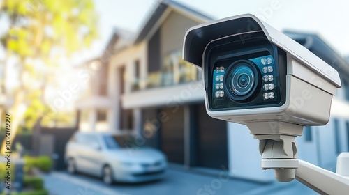 Surveillance camera focused on a modern home, highlighting security features in a bright outdoor setting.