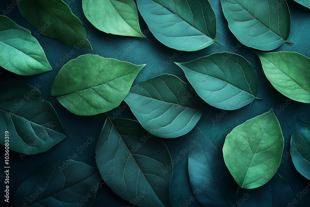 Obraz premium A close-up view of various green leaves arranged on a dark background showcasing their natural textures and shades