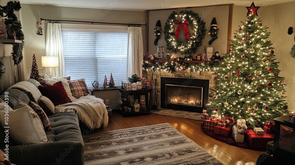 christmas decorated living room, decorated christmas tree, cozy blankets and pillows christmas decorated living room, decorated christmas tree, cozy blankets and pillows
