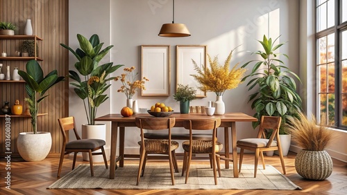 Cozy dining room with wooden table, plants, and mockup poster frame. Autumn vibes, warm atmosphere.