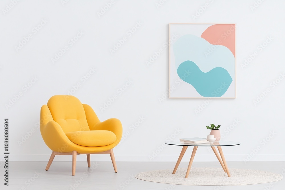Fototapeta premium Yellow armchair, minimalist interior, white wall backdrop, glass coffee table, abstract wall art, pastel color palette, cozy and modern living room decor