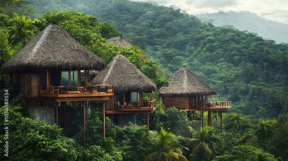 Thatched-roof eco-resort villas nestled in a dense tropical hillside, ideal for travel and sustainable tourism. Thatched-roof eco-resort villas nestled in a dense tropical hillside, ideal for travel and sustainable tourism.