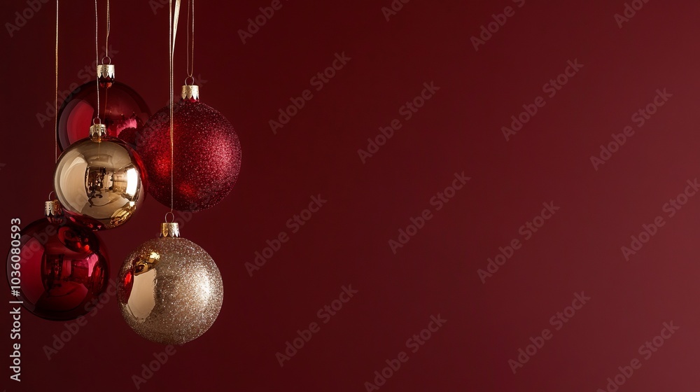 Dark red Christmas background with blue and gold round ornaments on the Christmas tree hanging from the left side on ribbons. Christmas background