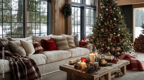 christmas decorated living room, decorated christmas tree, cozy blankets and pillows photo