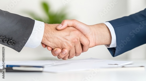 Two business professionals shaking hands to signify agreement or partnership, symbolizing teamwork and collaboration.